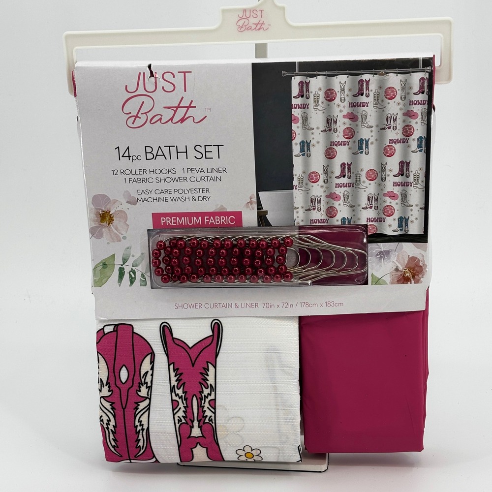 Just Bath Shower Curtain Set Pink Western Cowgirl Disco Howdy 14pc New Hat Boots